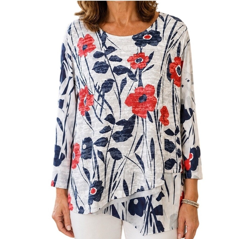 Jess & Jane Womens Floral Mesh Tunic Top Red Navy White Asymmetric Hem Size M